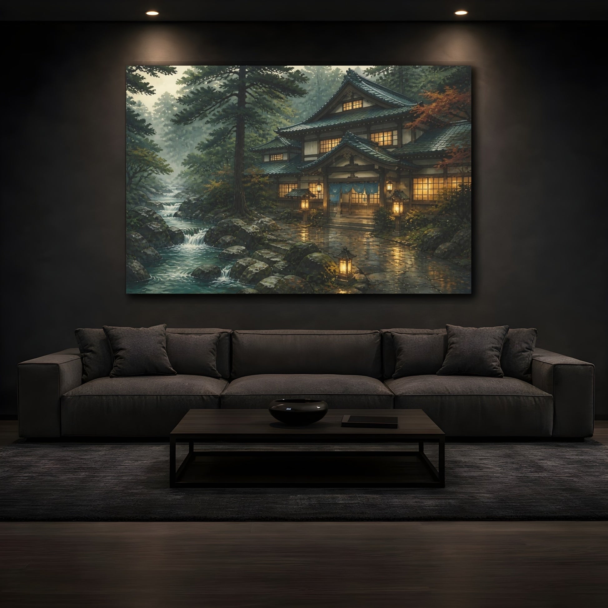 Mockup 3. Japanese Bathhouse By Stream shown as canvas print