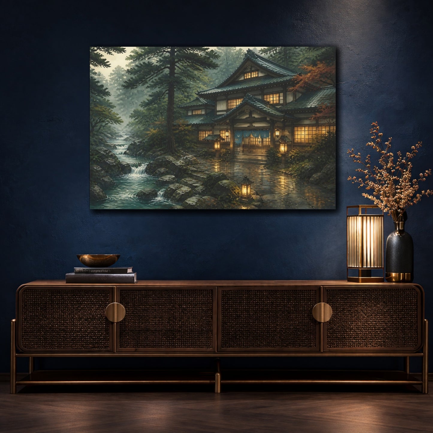 Mockup 4. Japanese Bathhouse By Stream shown as canvas print