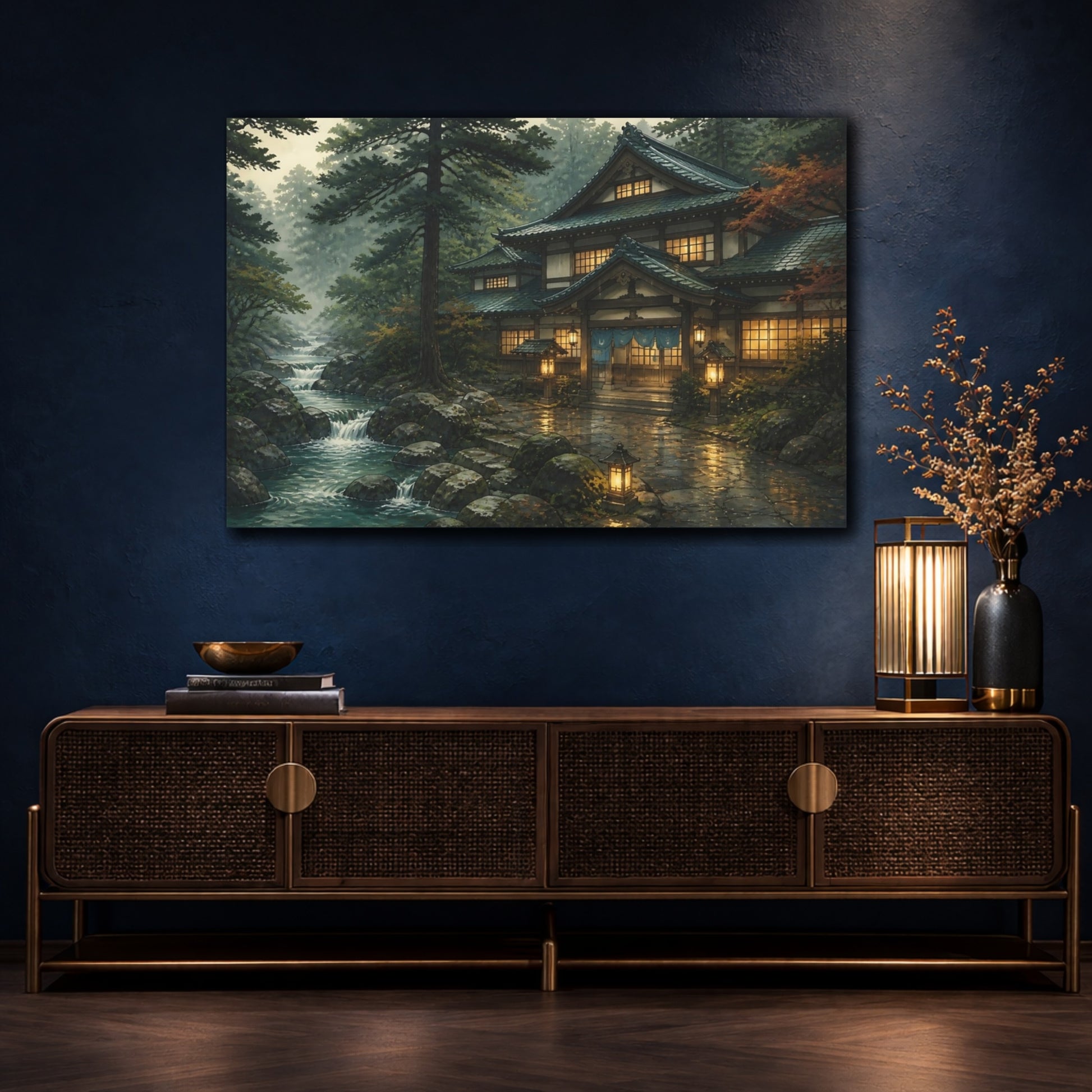 Mockup 4. Japanese Bathhouse By Stream shown as canvas print