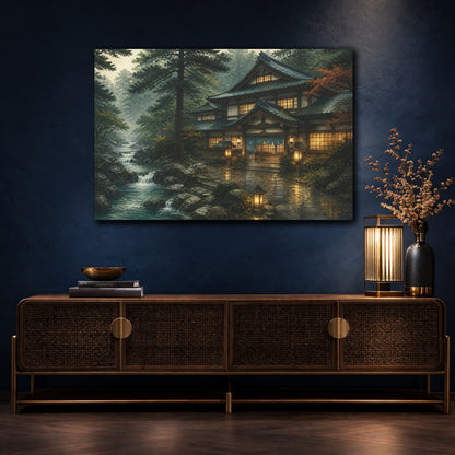 Mockup 4. Japanese Bathhouse By Stream shown as canvas print
