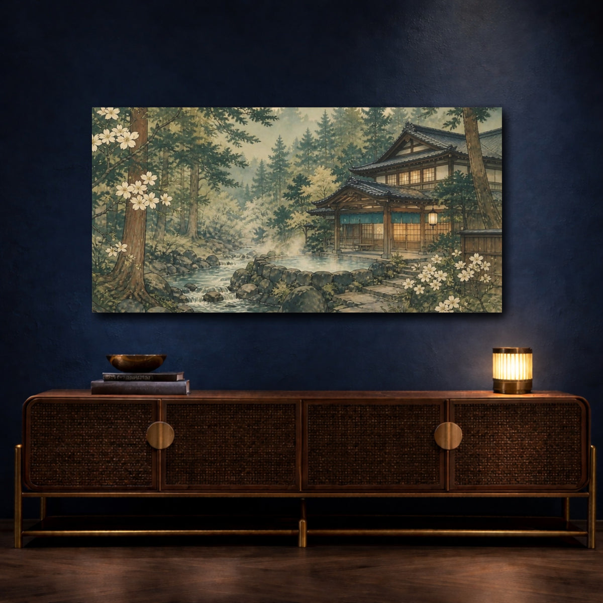 Mockup 4. Japanese Bathhouse Retreat shown as canvas print