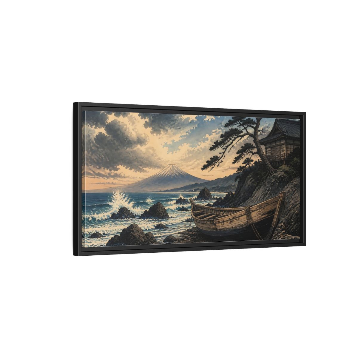 Side Mockup 2. Japanese Boat At Fuji shown as framed canvas print