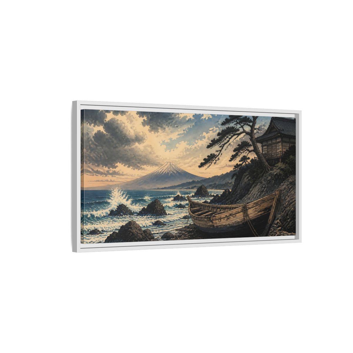 Side Mockup 1. Japanese Boat At Fuji shown as framed canvas print