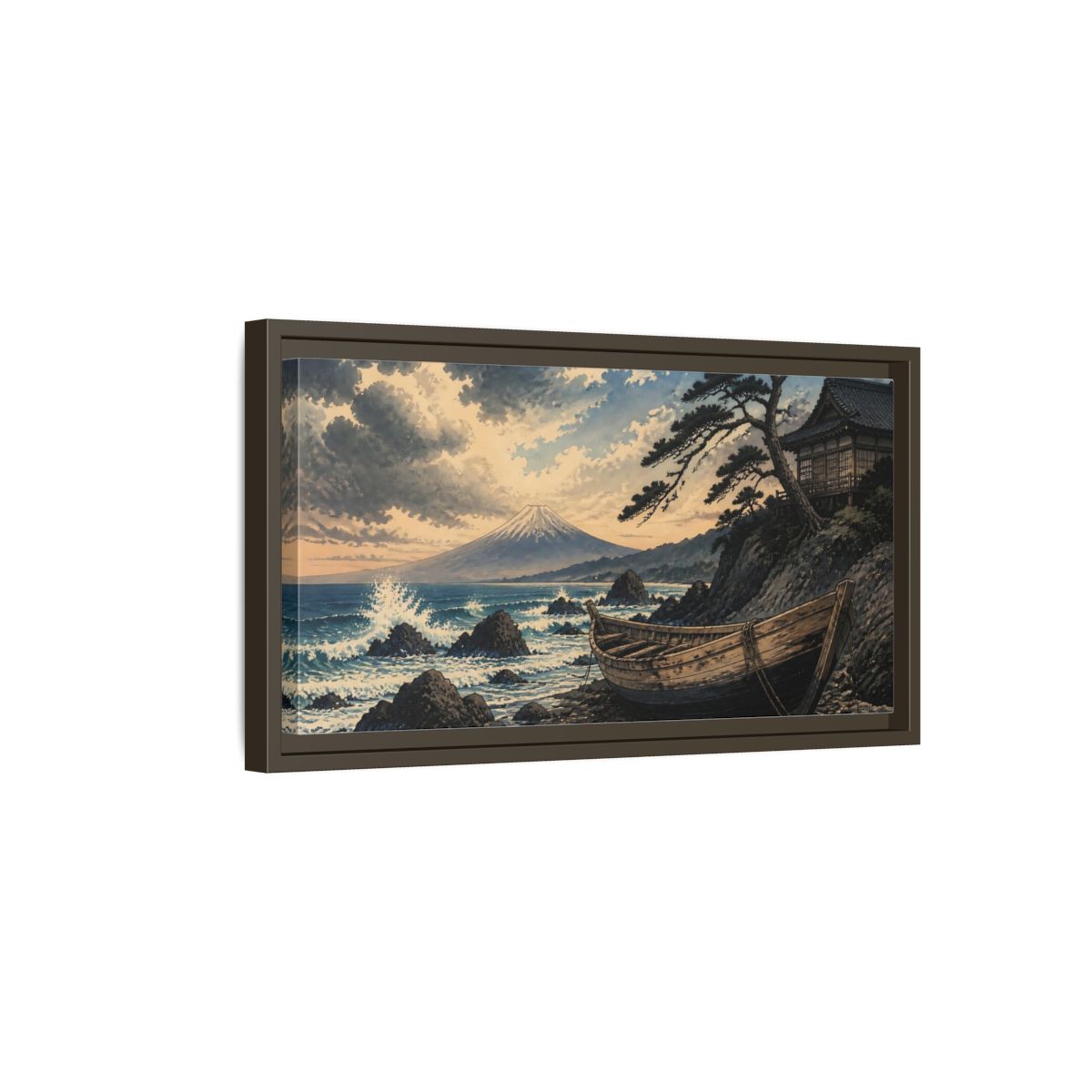 Side Mockup 7. Japanese Boat At Fuji shown as framed canvas print