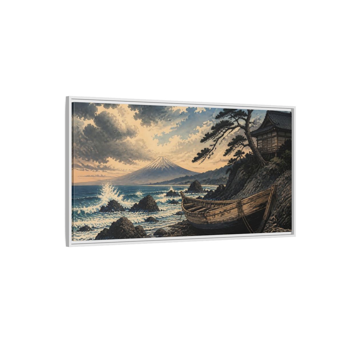 Side Mockup 3. Japanese Boat At Fuji shown as framed canvas print