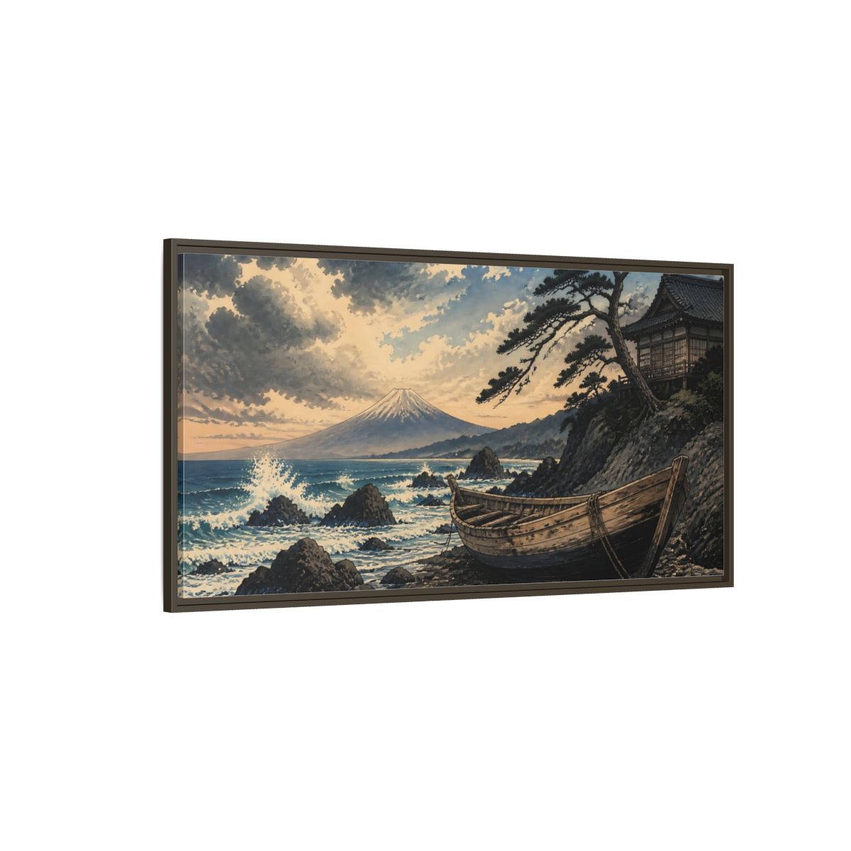 Side Mockup 4. Japanese Boat At Fuji shown as framed canvas print