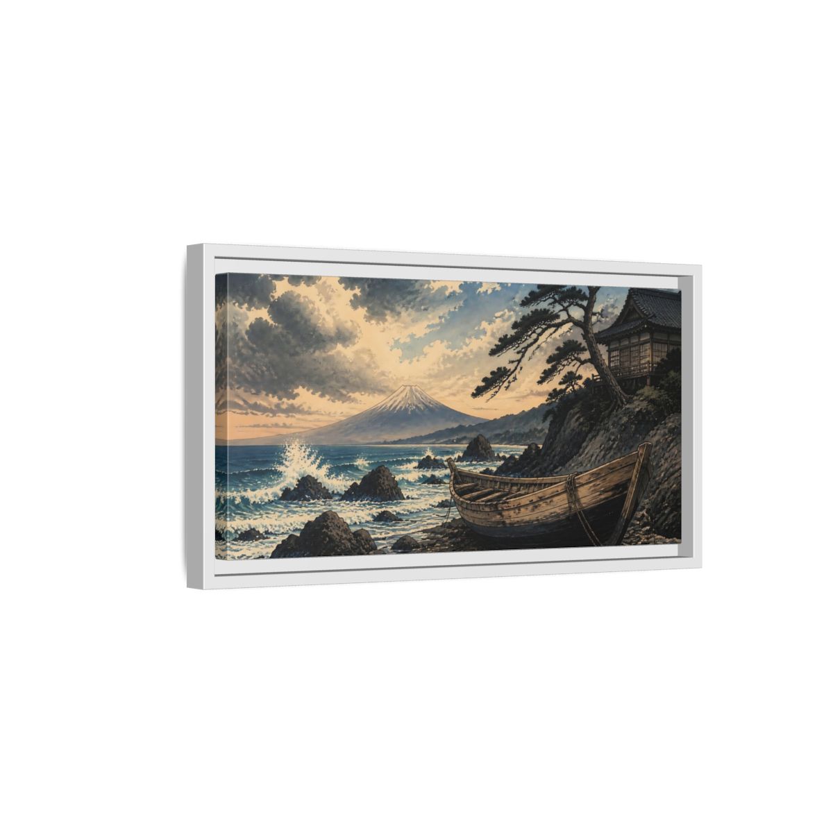 Side Mockup 6. Japanese Boat At Fuji shown as framed canvas print