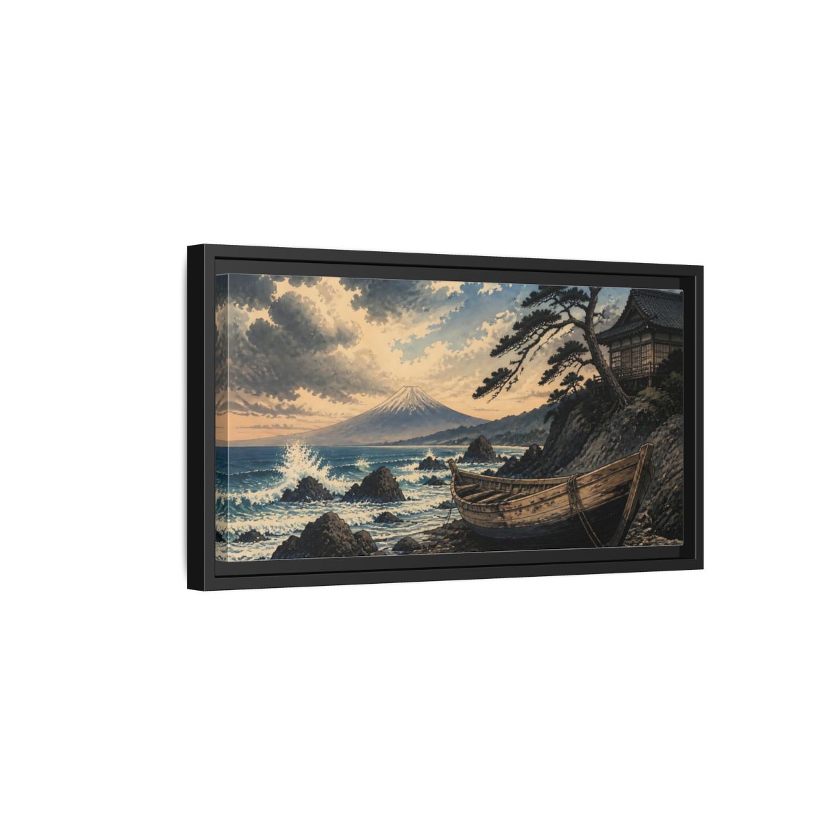 Side Mockup 8. Japanese Boat At Fuji shown as framed canvas print