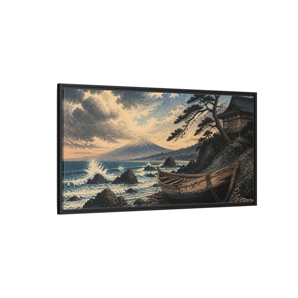 Side Mockup 5. Japanese Boat At Fuji shown as framed canvas print