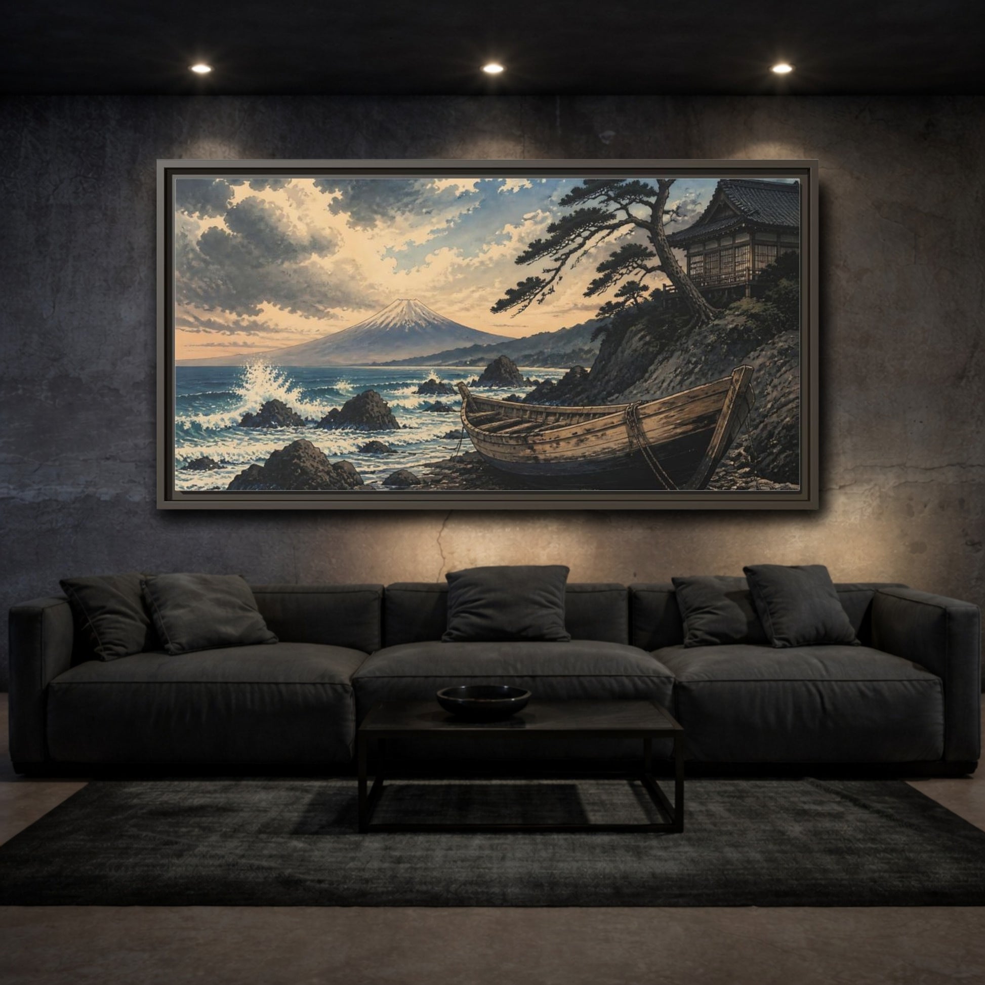 Mockup 3. Japanese Boat At Fuji shown as framed canvas print