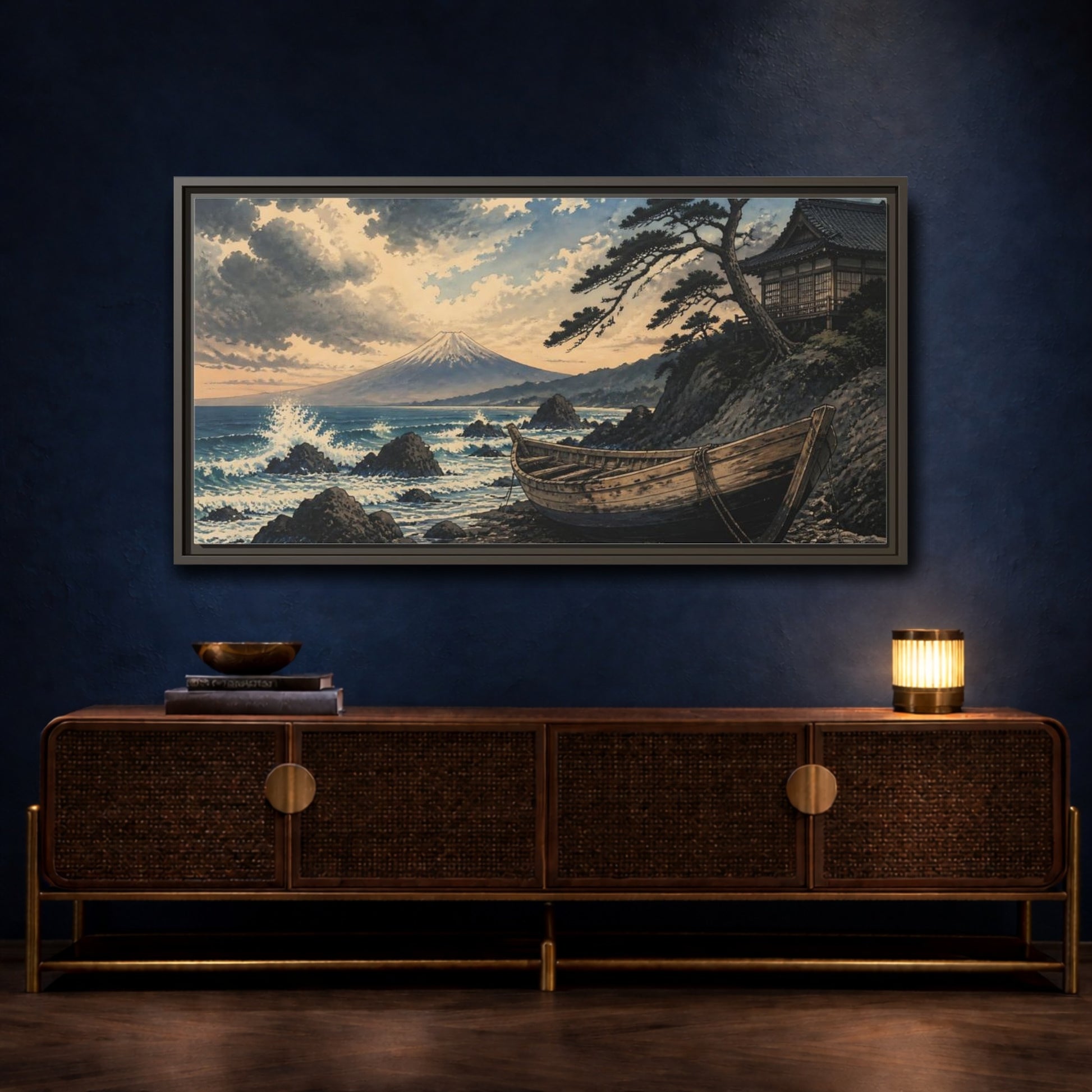 Mockup 4. Japanese Boat At Fuji shown as framed canvas print