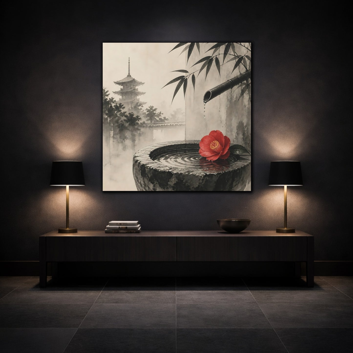 Mockup 3. Japanese Camellia Basin shown as canvas print