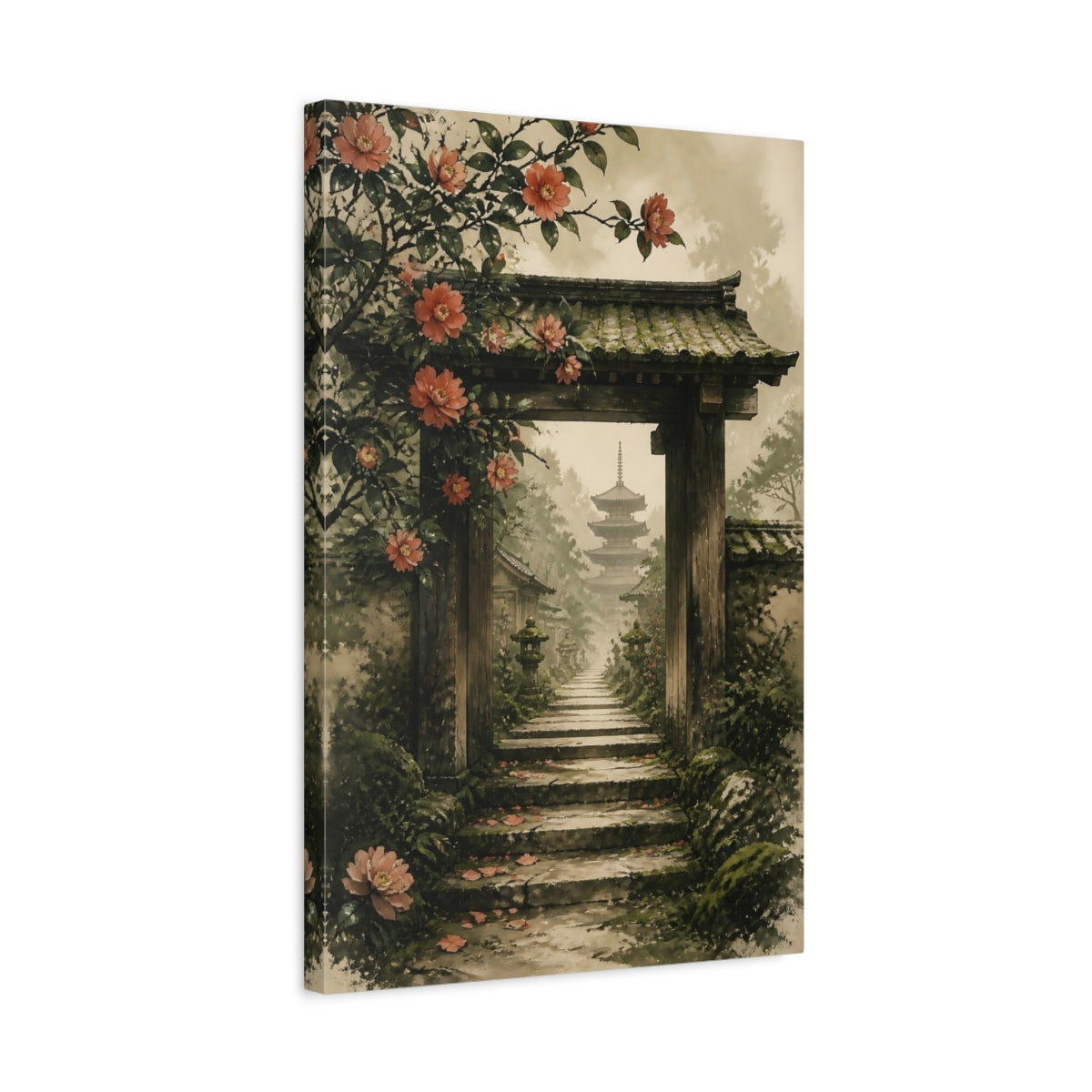 Side Mockup 3. Japanese Camellia Stone Steps shown as canvas print
