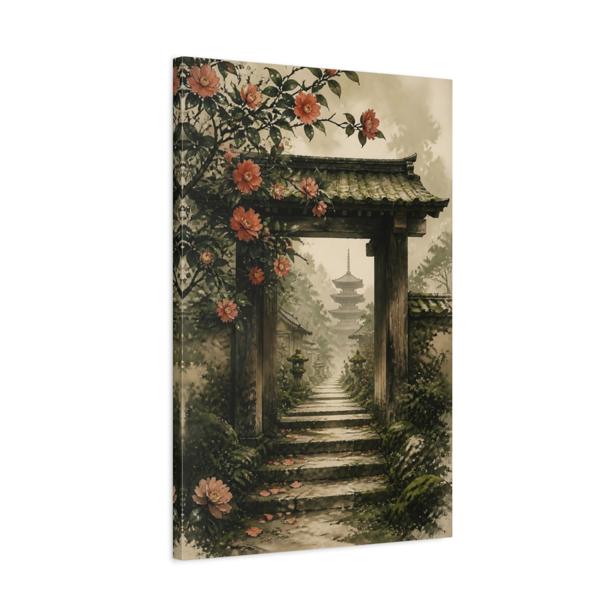 Side Mockup 2. Japanese Camellia Stone Steps shown as canvas print