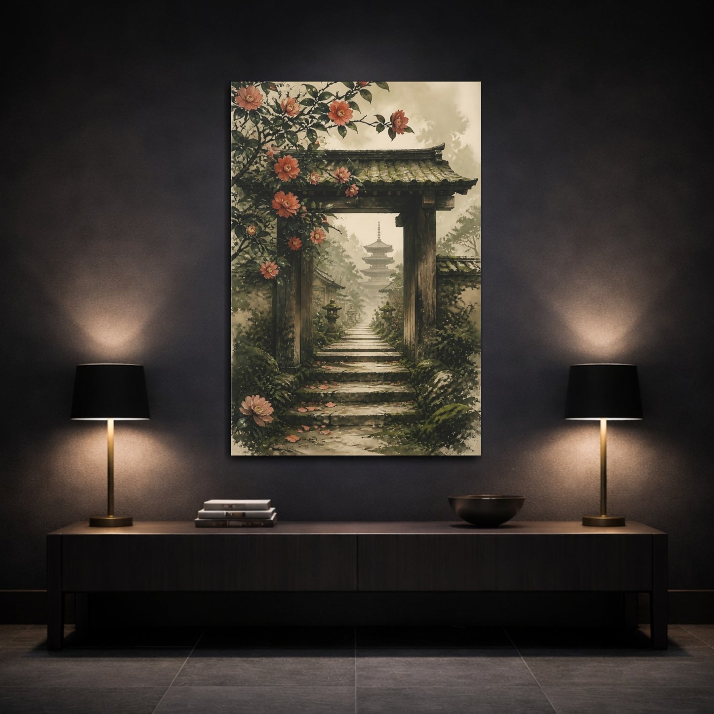 Mockup 3. Japanese Camellia Stone Steps shown as canvas print