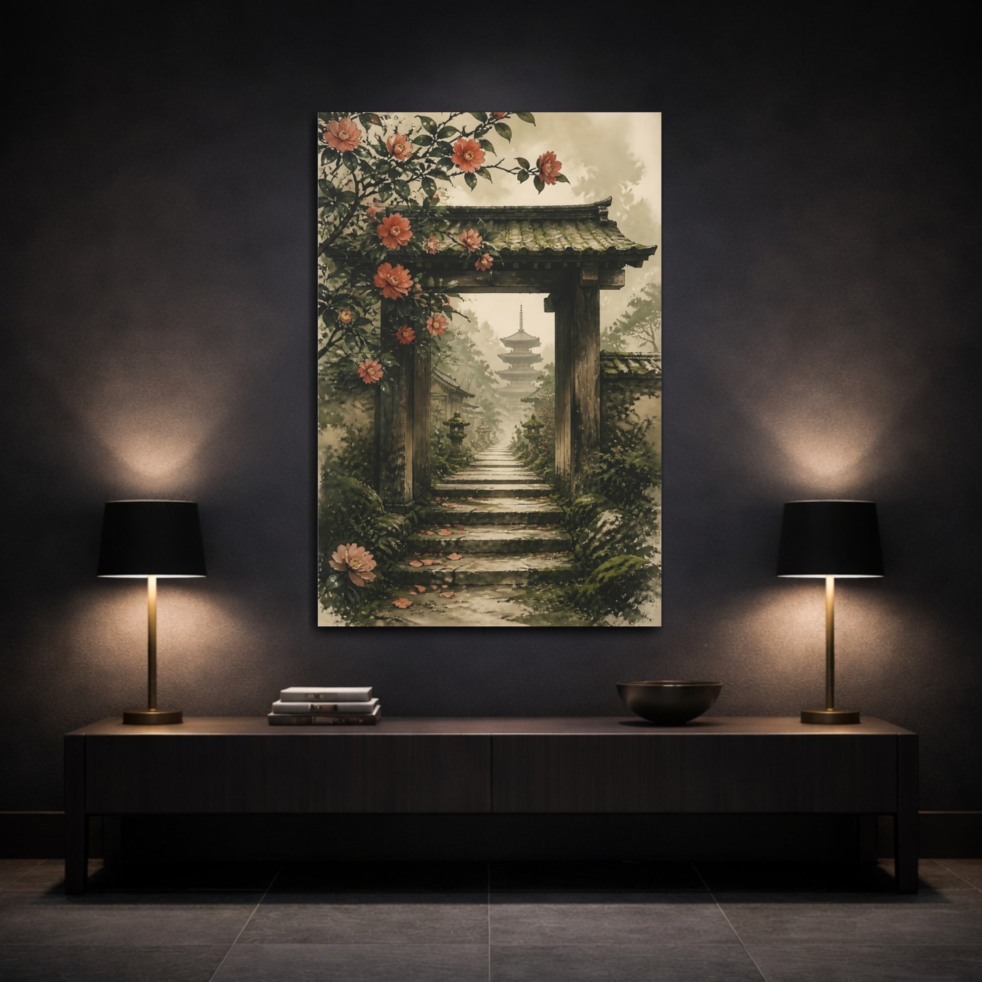 Mockup 3. Japanese Camellia Stone Steps shown as canvas print