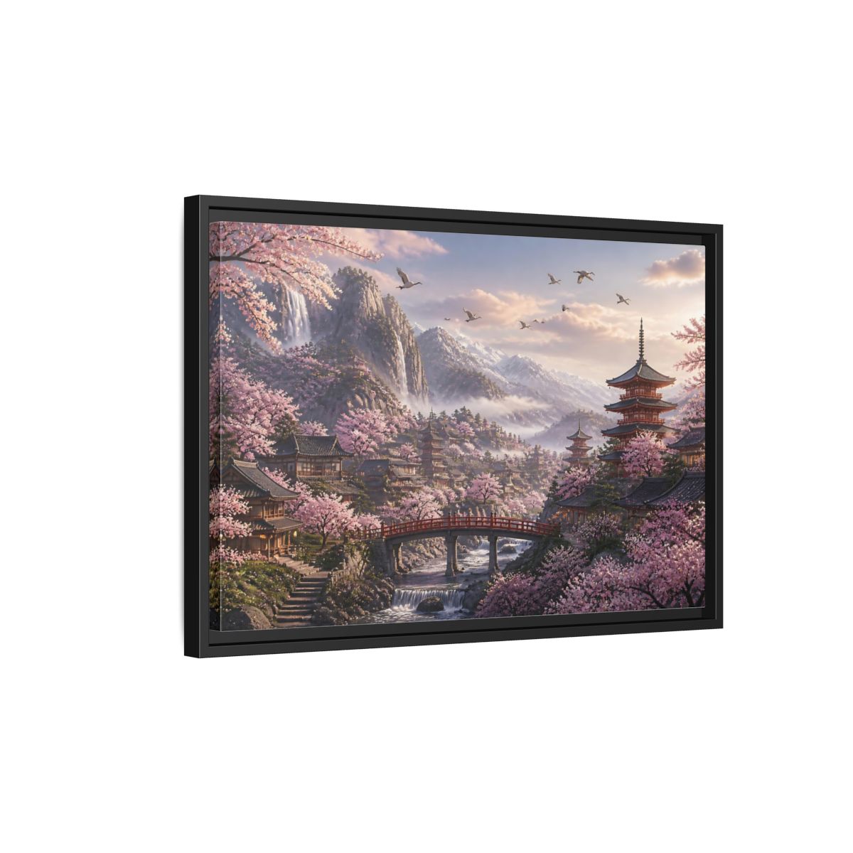 Side Mockup 3. Japanese Cherry Blossom Valley shown as framed canvas print