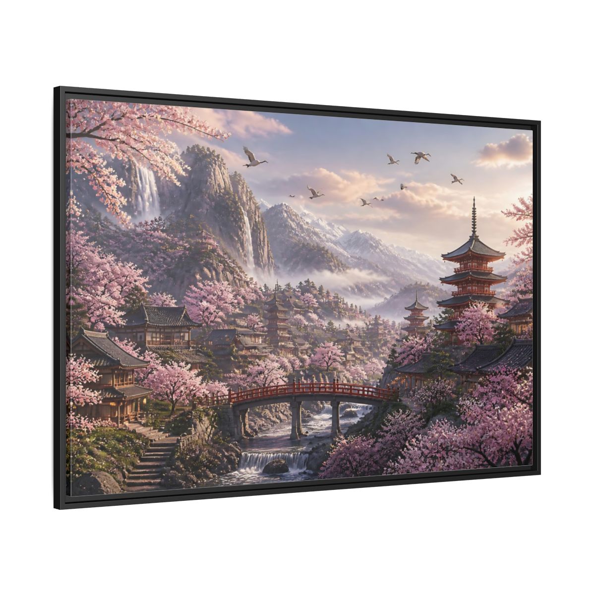 Side Mockup 12. Japanese Cherry Blossom Valley shown as framed canvas print