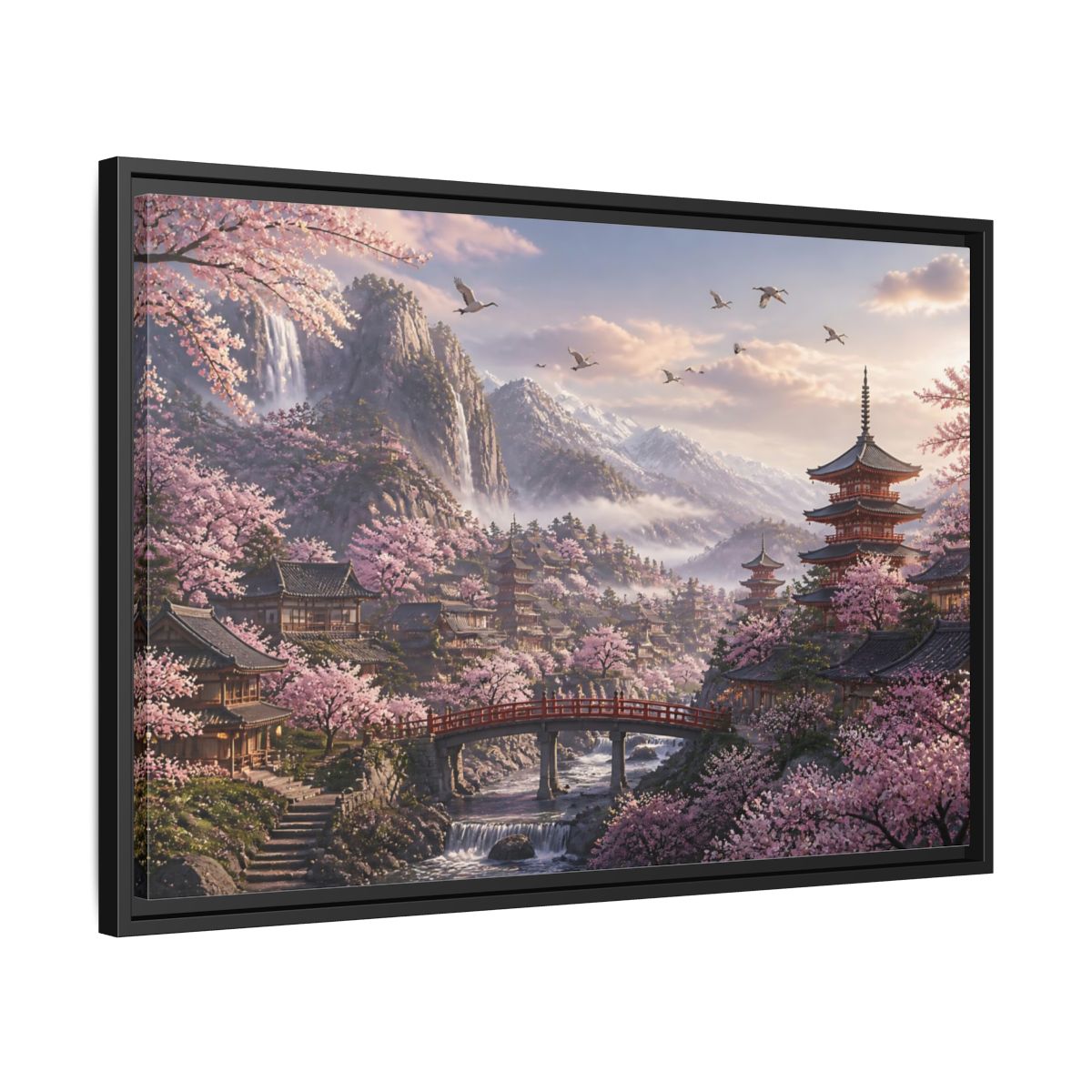Side Mockup 14. Japanese Cherry Blossom Valley shown as framed canvas print