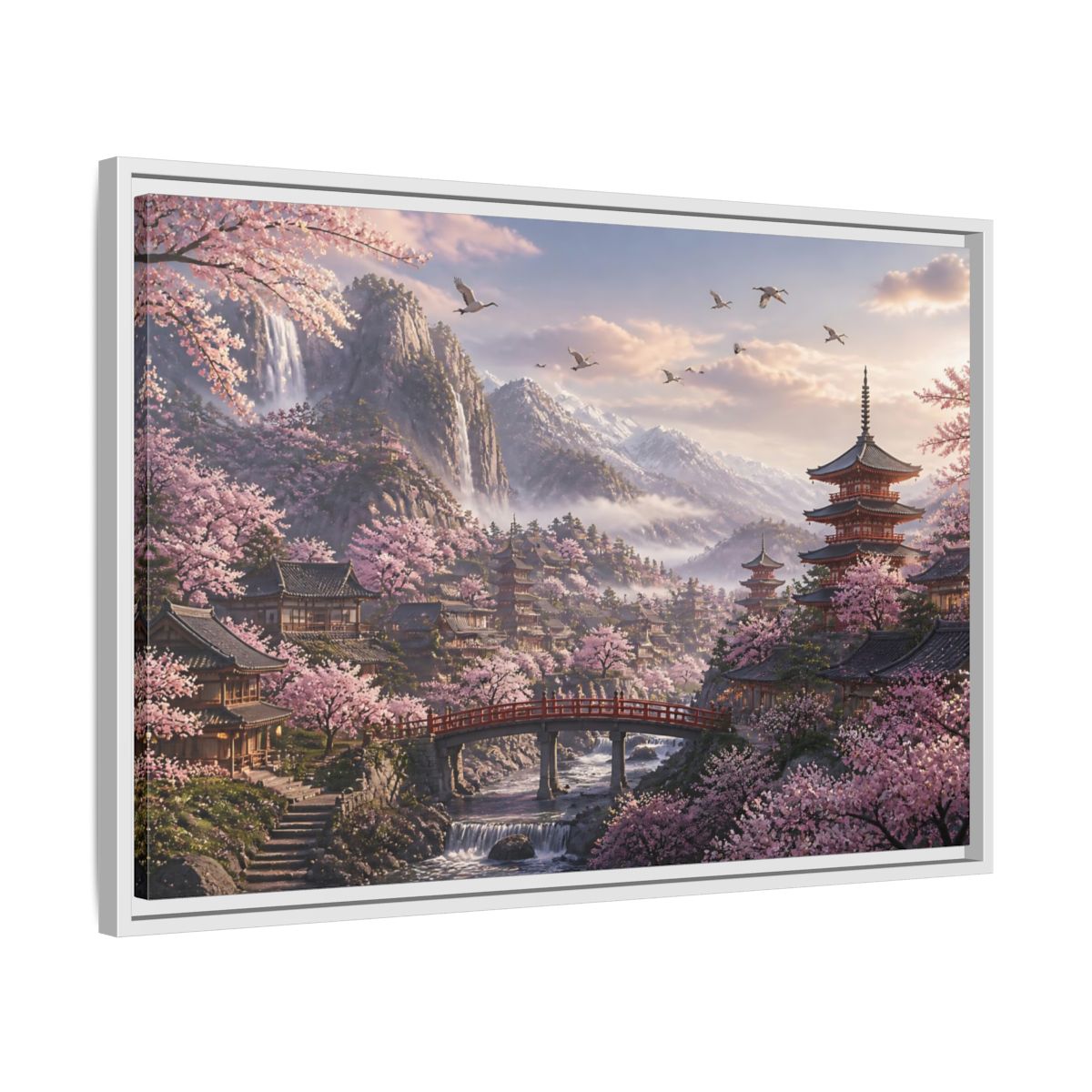 Side Mockup 10. Japanese Cherry Blossom Valley shown as framed canvas print