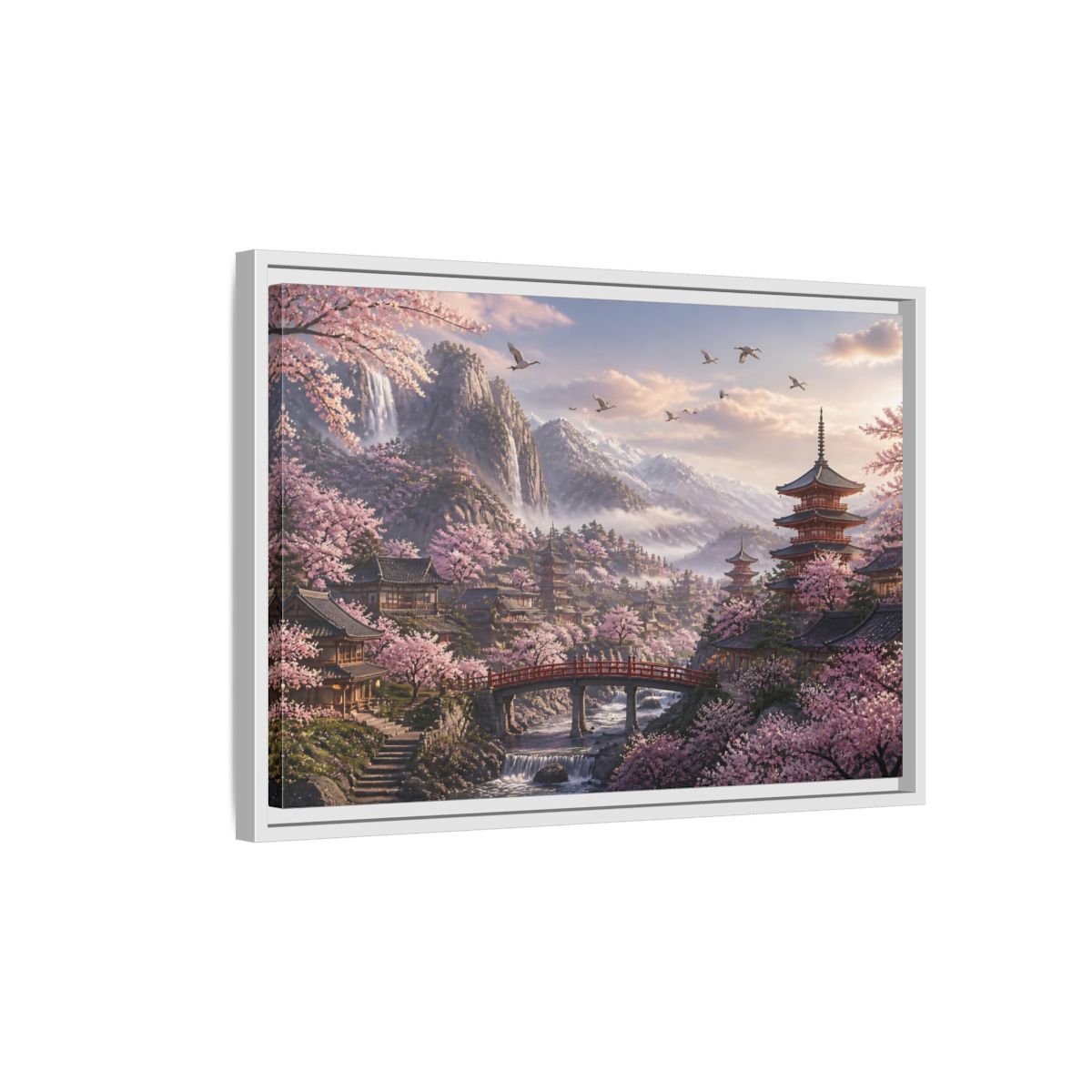 Side Mockup 1. Japanese Cherry Blossom Valley shown as framed canvas print