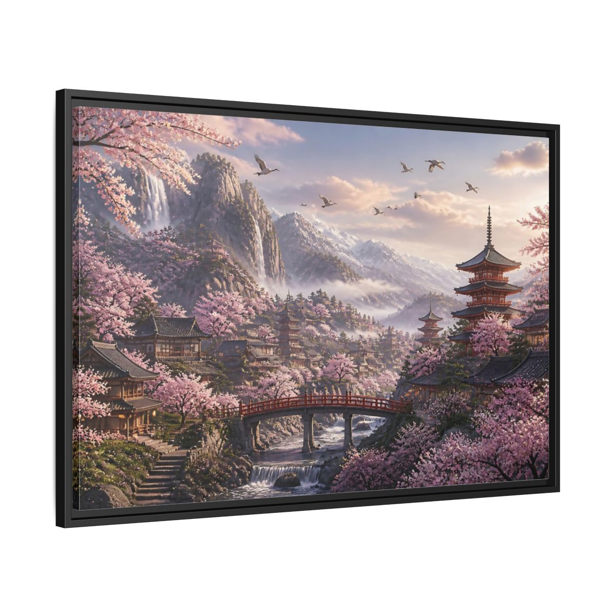 Side Mockup 13. Japanese Cherry Blossom Valley shown as framed canvas print