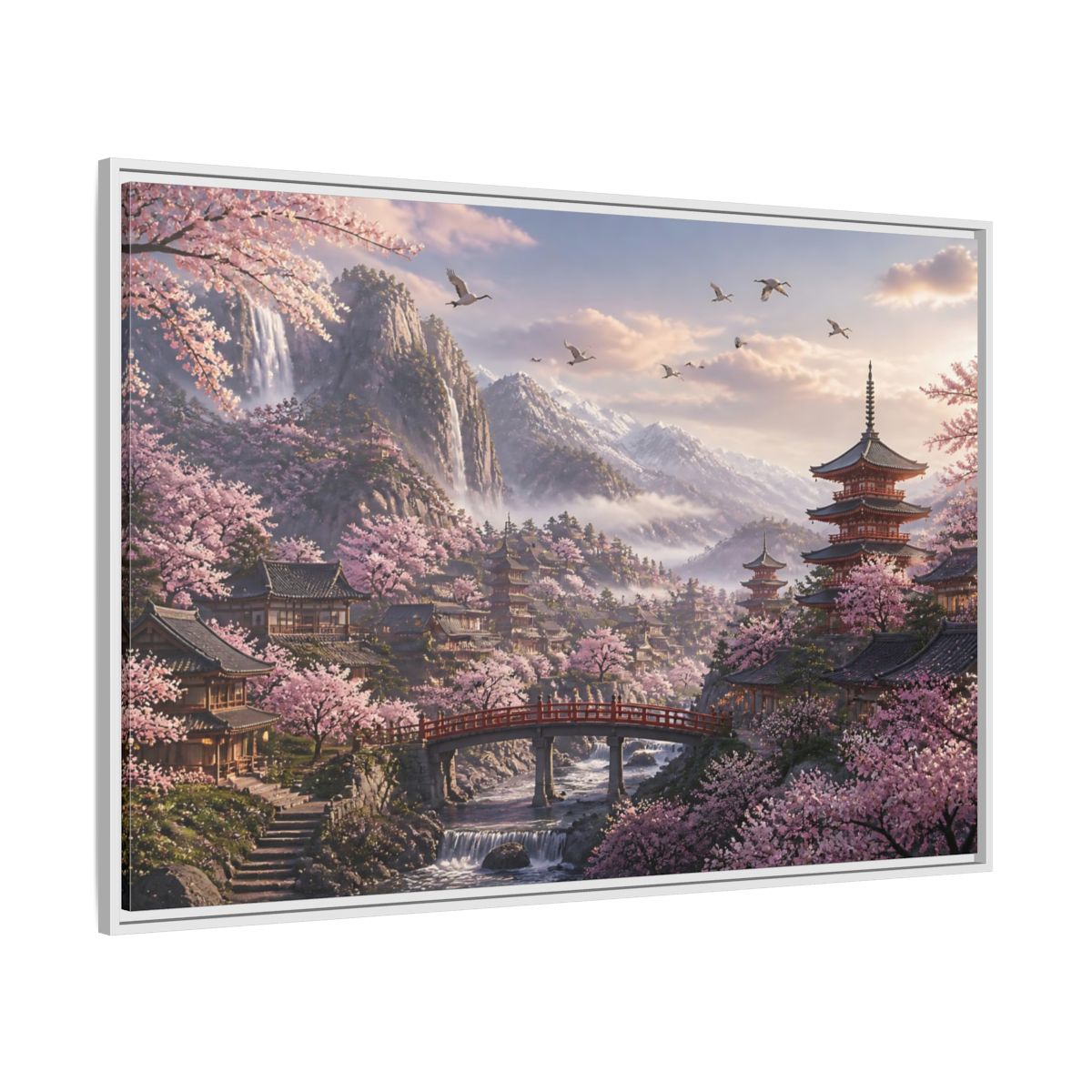 Side Mockup 7. Japanese Cherry Blossom Valley shown as framed canvas print