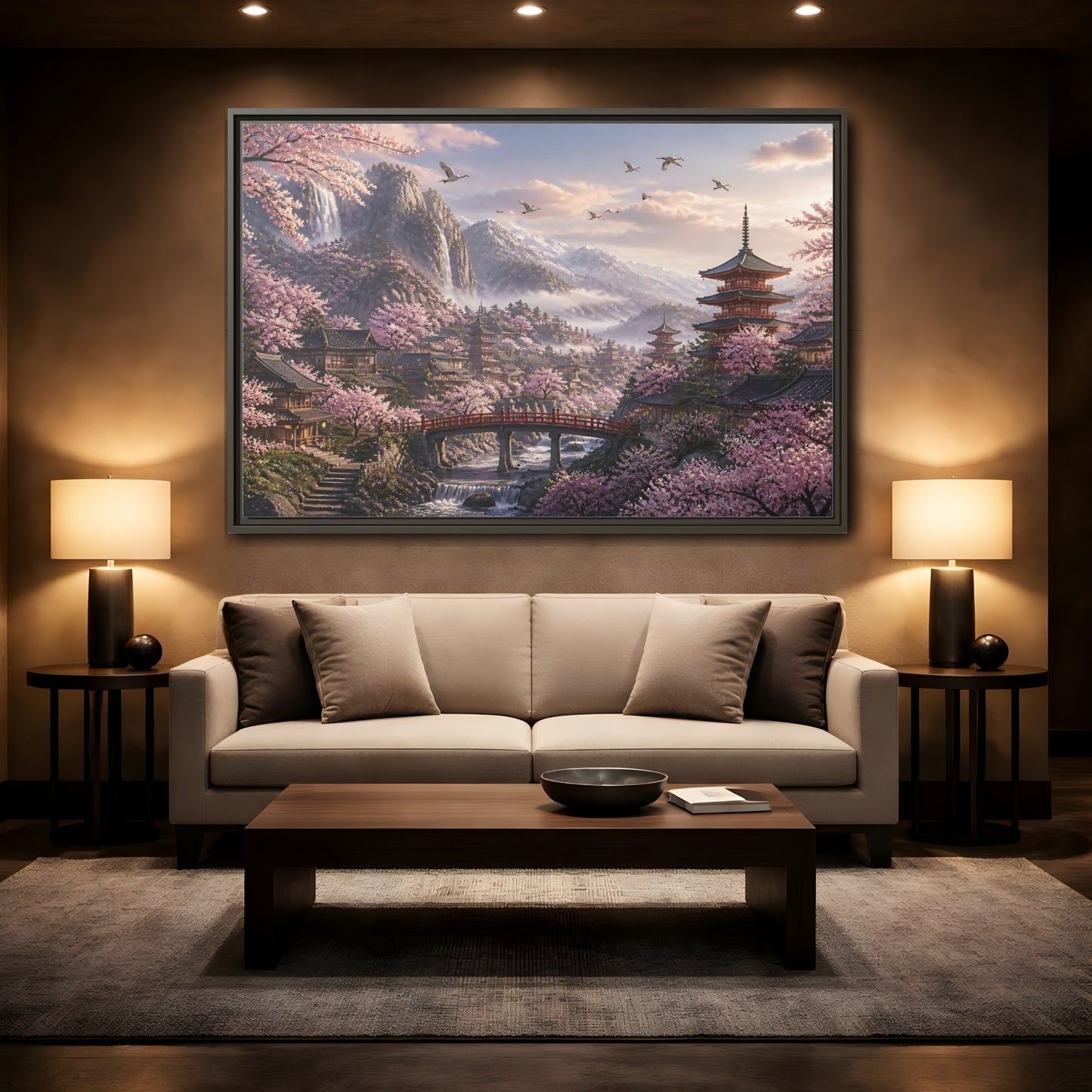 Mockup 2. Japanese Cherry Blossom Valley shown as framed canvas print
