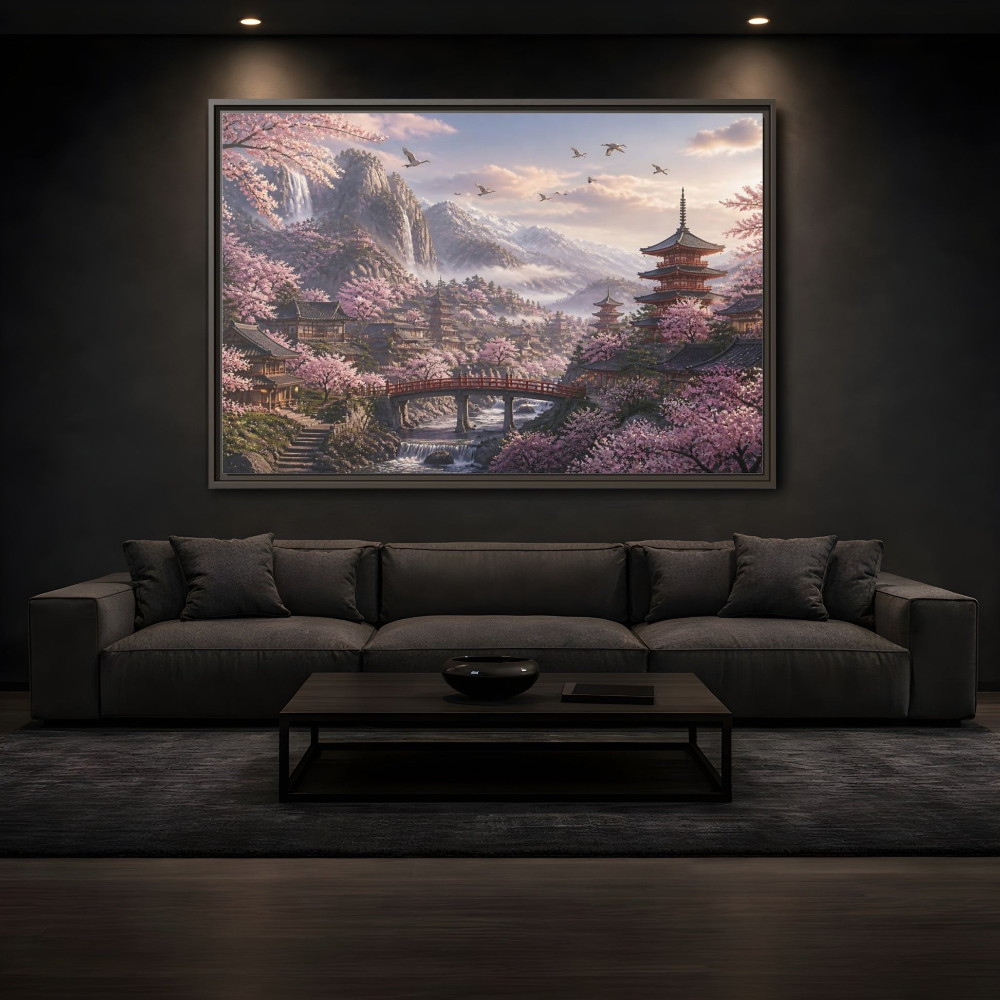 Mockup 3. Japanese Cherry Blossom Valley shown as framed canvas print