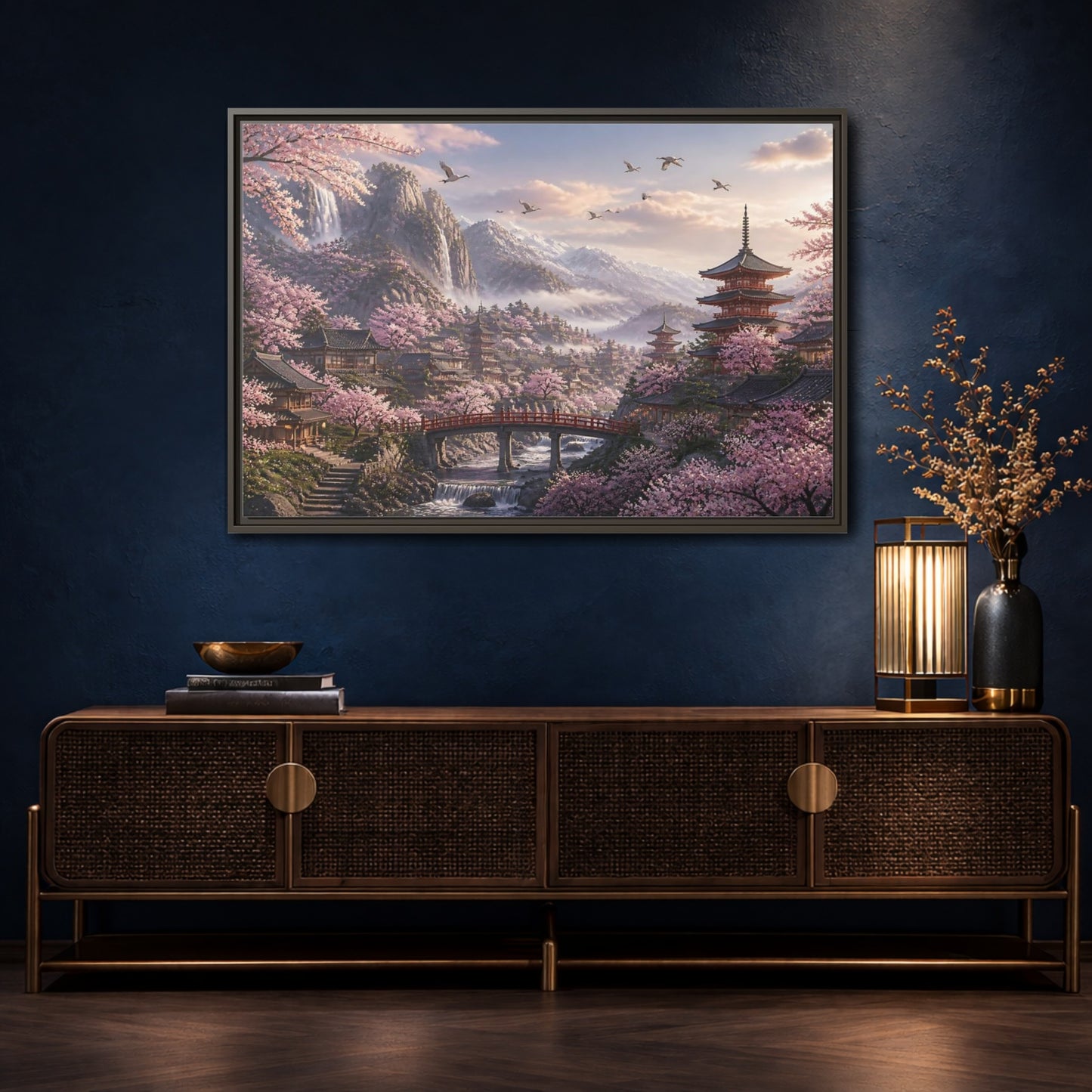 Mockup 4. Japanese Cherry Blossom Valley shown as framed canvas print