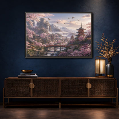 Mockup 4. Japanese Cherry Blossom Valley shown as framed canvas print