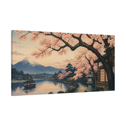 Main Mockup. Japanese Cherry Riverside Path shown as canvas print
