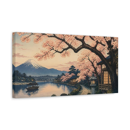 Side Mockup 3. Japanese Cherry Riverside Path shown as canvas print