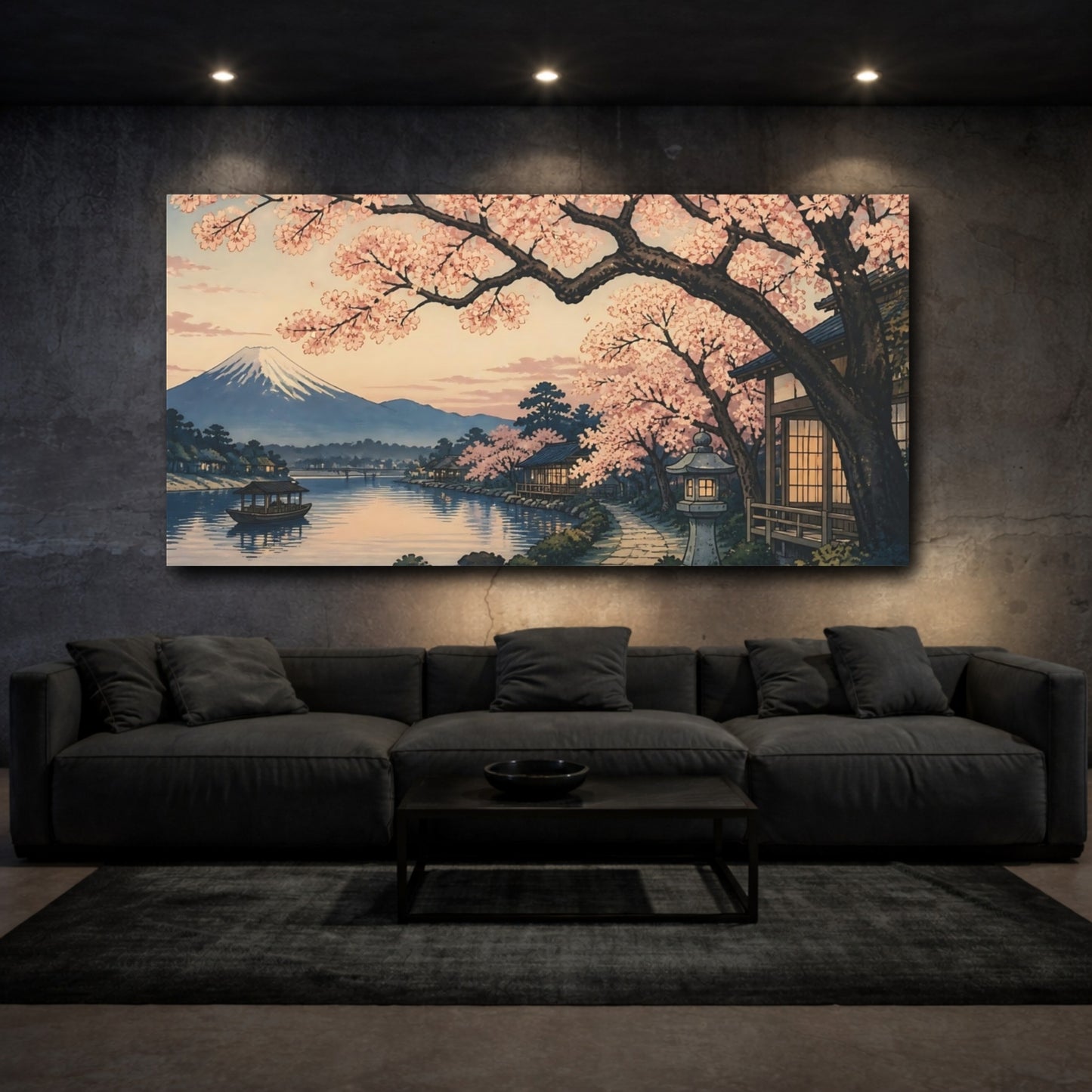 Mockup 3. Japanese Cherry Riverside Path shown as canvas print