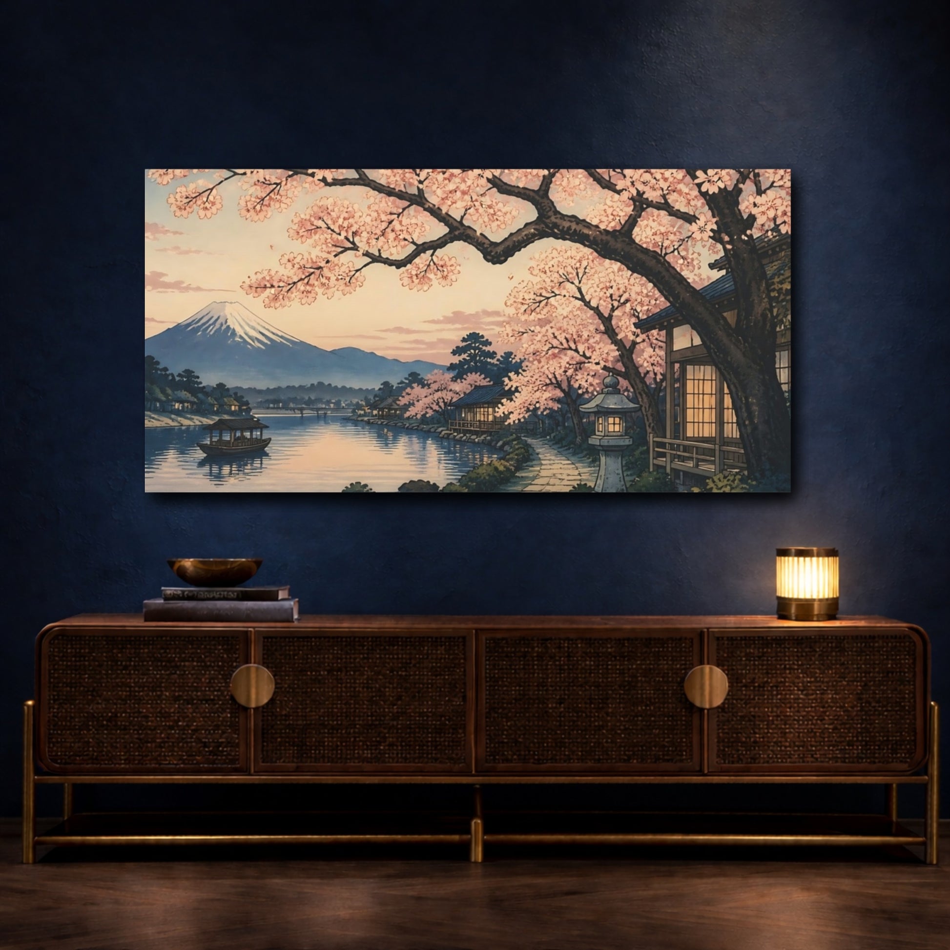 Mockup 4. Japanese Cherry Riverside Path shown as canvas print
