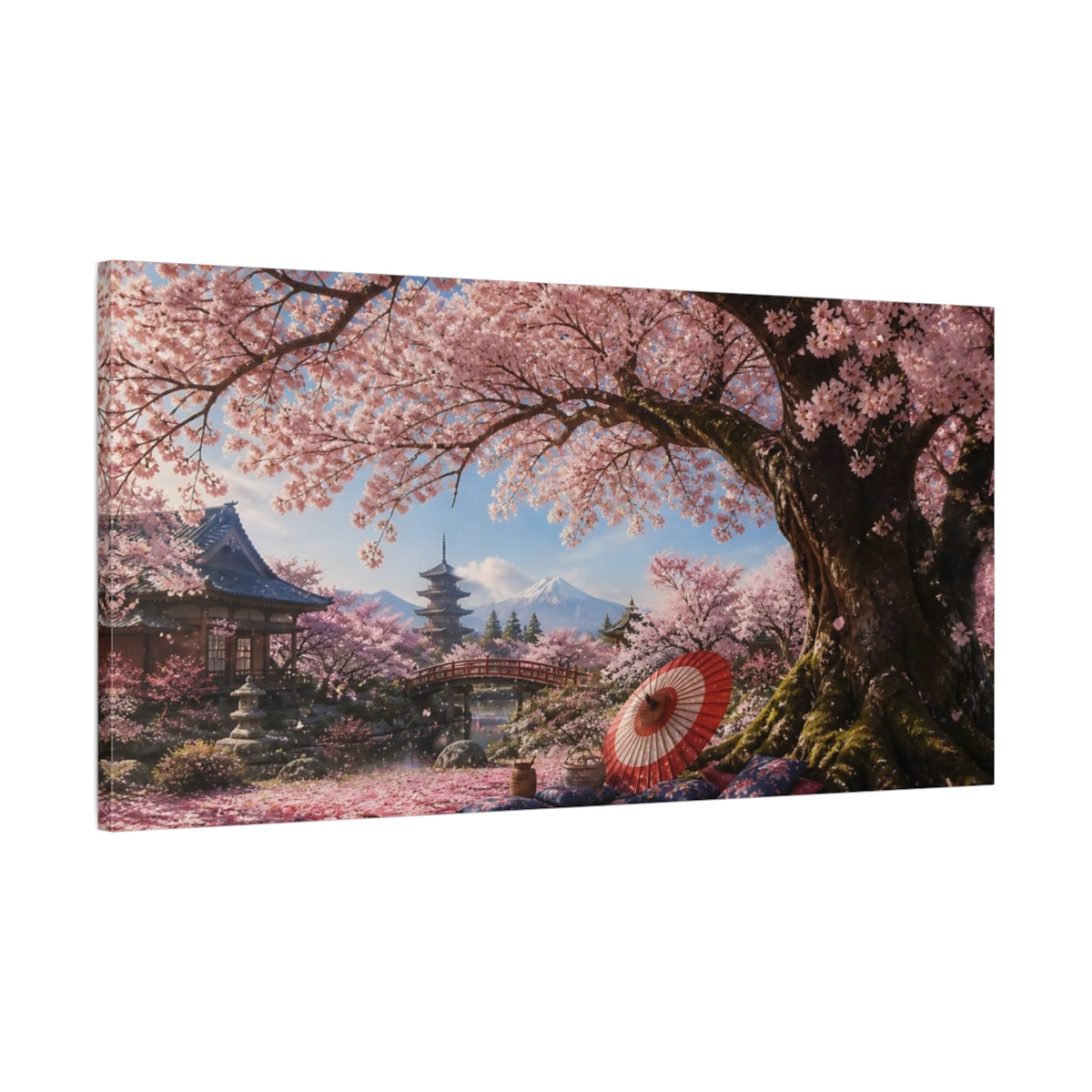 Main Mockup. Japanese Cherry Tree Picnic shown as canvas print