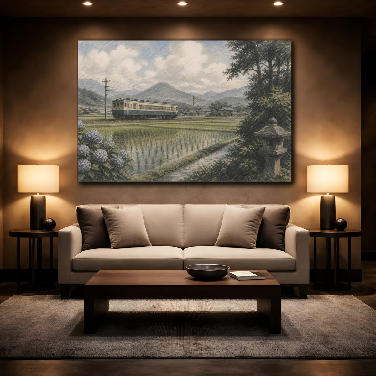 Mockup 2. Japanese Countryside Train shown as canvas print