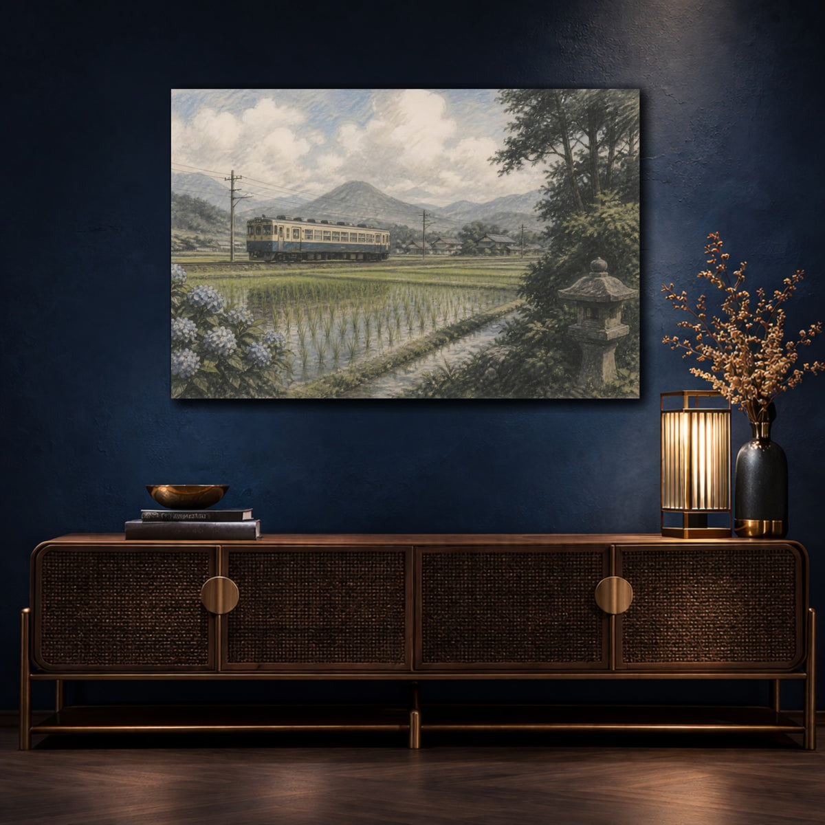 Mockup 4. Japanese Countryside Train shown as canvas print