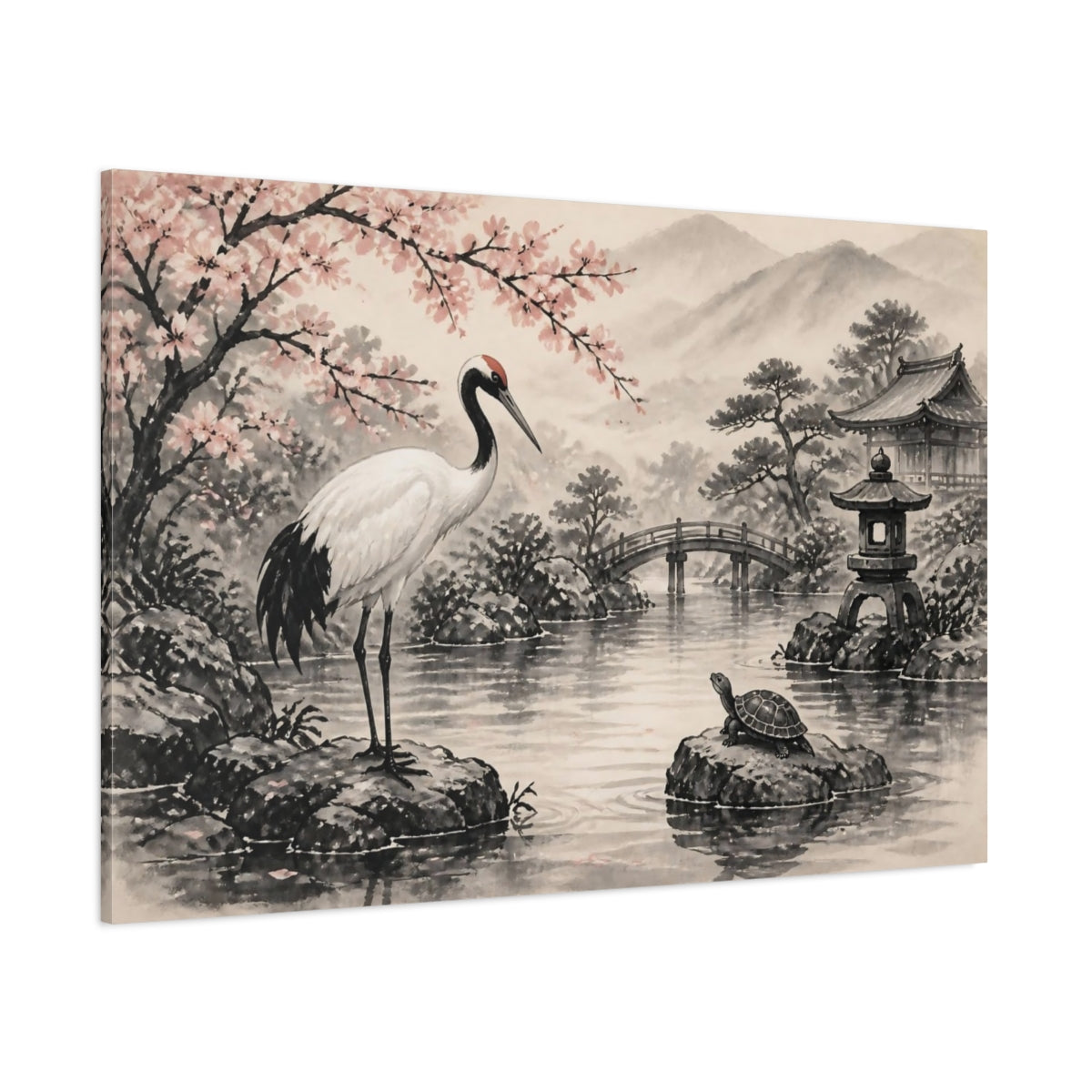 Side Mockup 1. Japanese Crane And Turtle shown as canvas print
