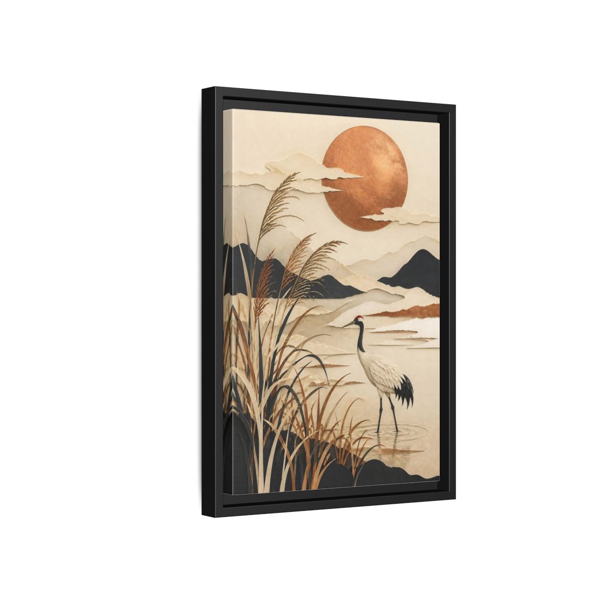 Side Mockup 6. Japanese Crane At Copper Moon shown as framed canvas print