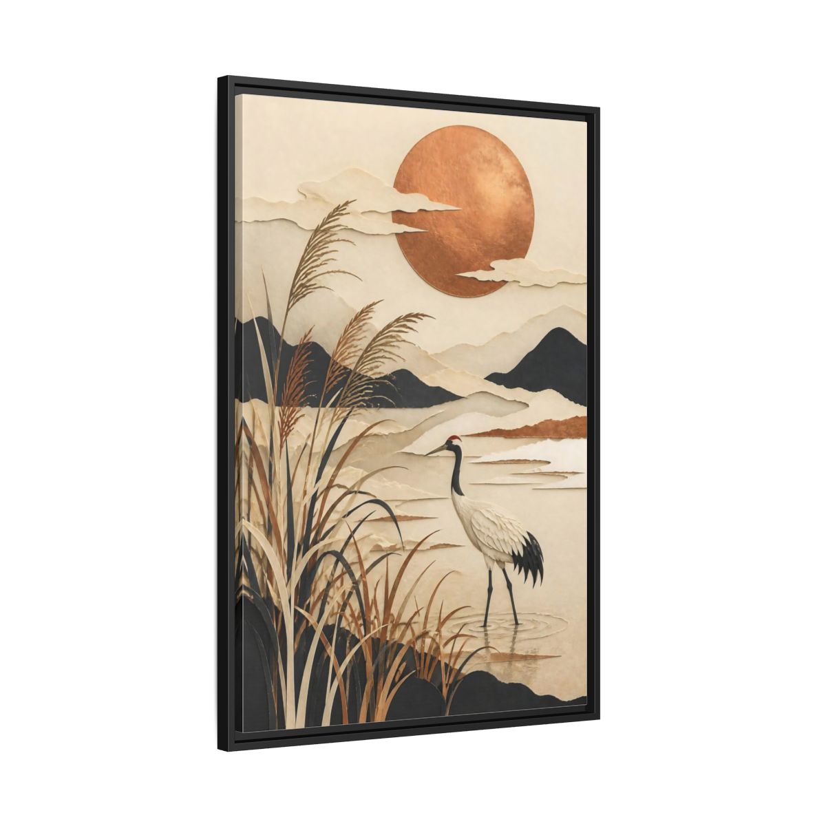 Side Mockup 13. Japanese Crane At Copper Moon shown as framed canvas print