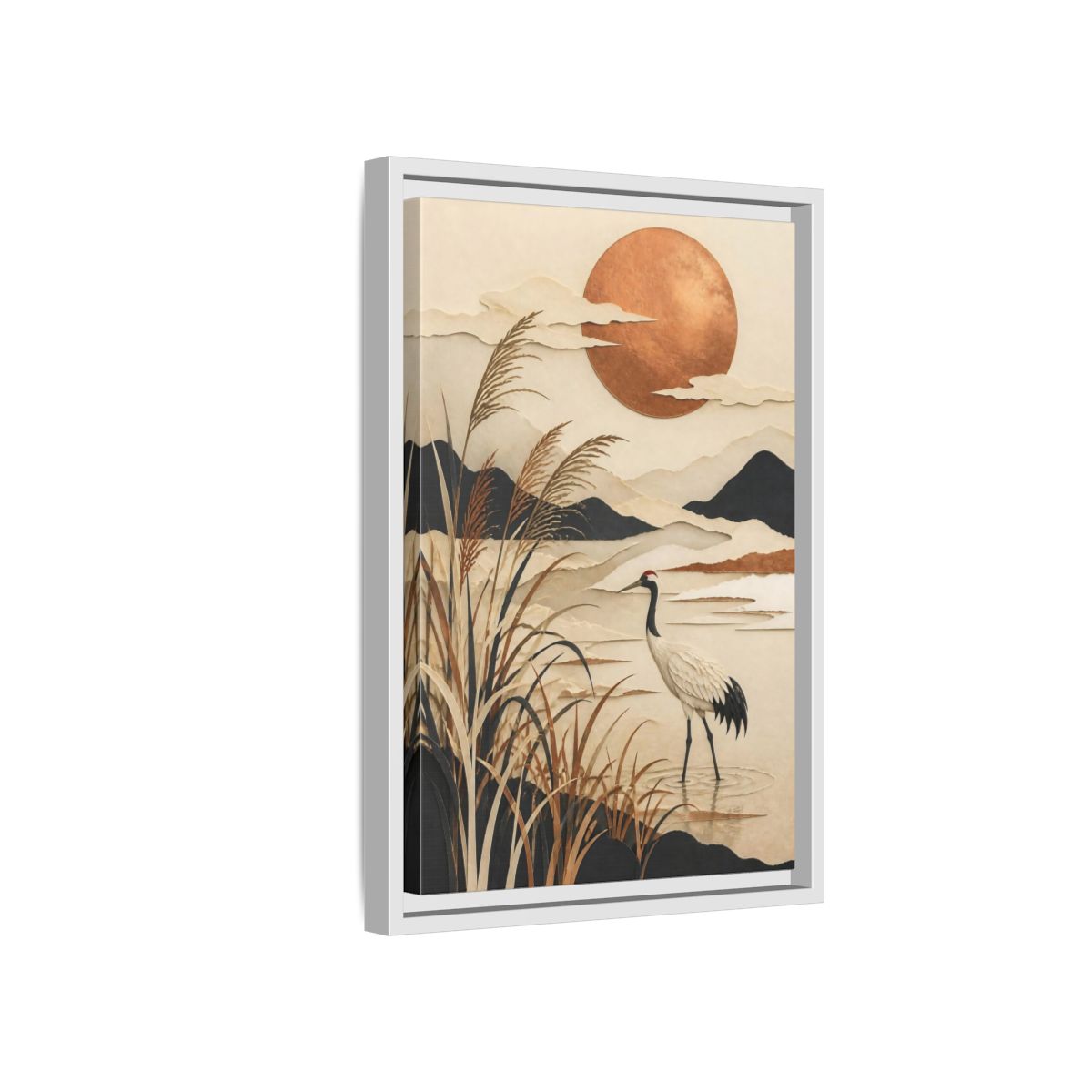 Side Mockup 4. Japanese Crane At Copper Moon shown as framed canvas print