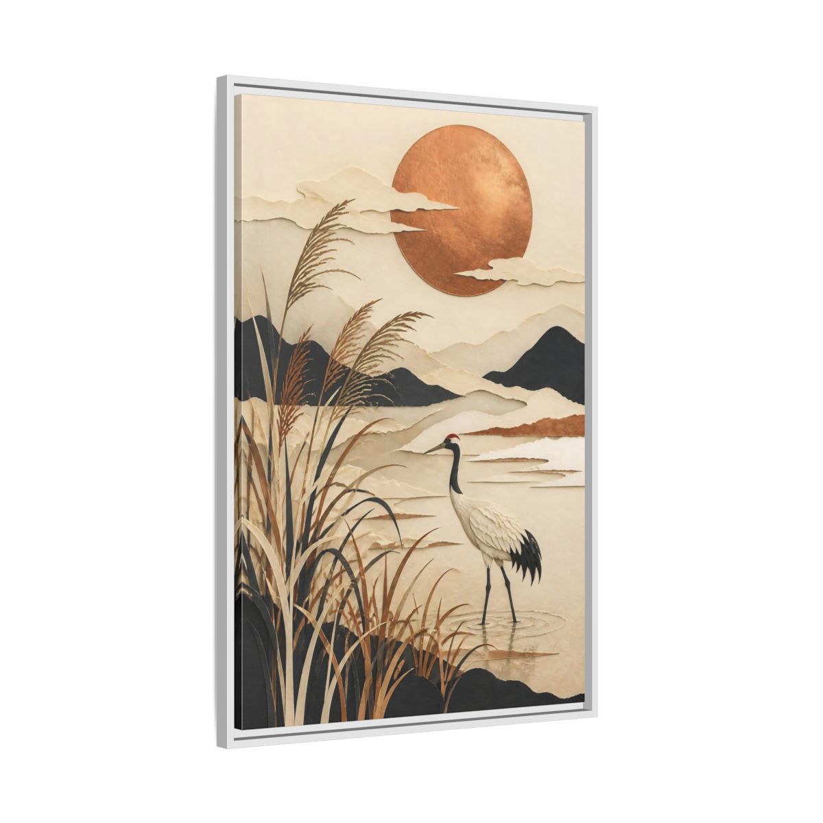 Side Mockup 9. Japanese Crane At Copper Moon shown as framed canvas print
