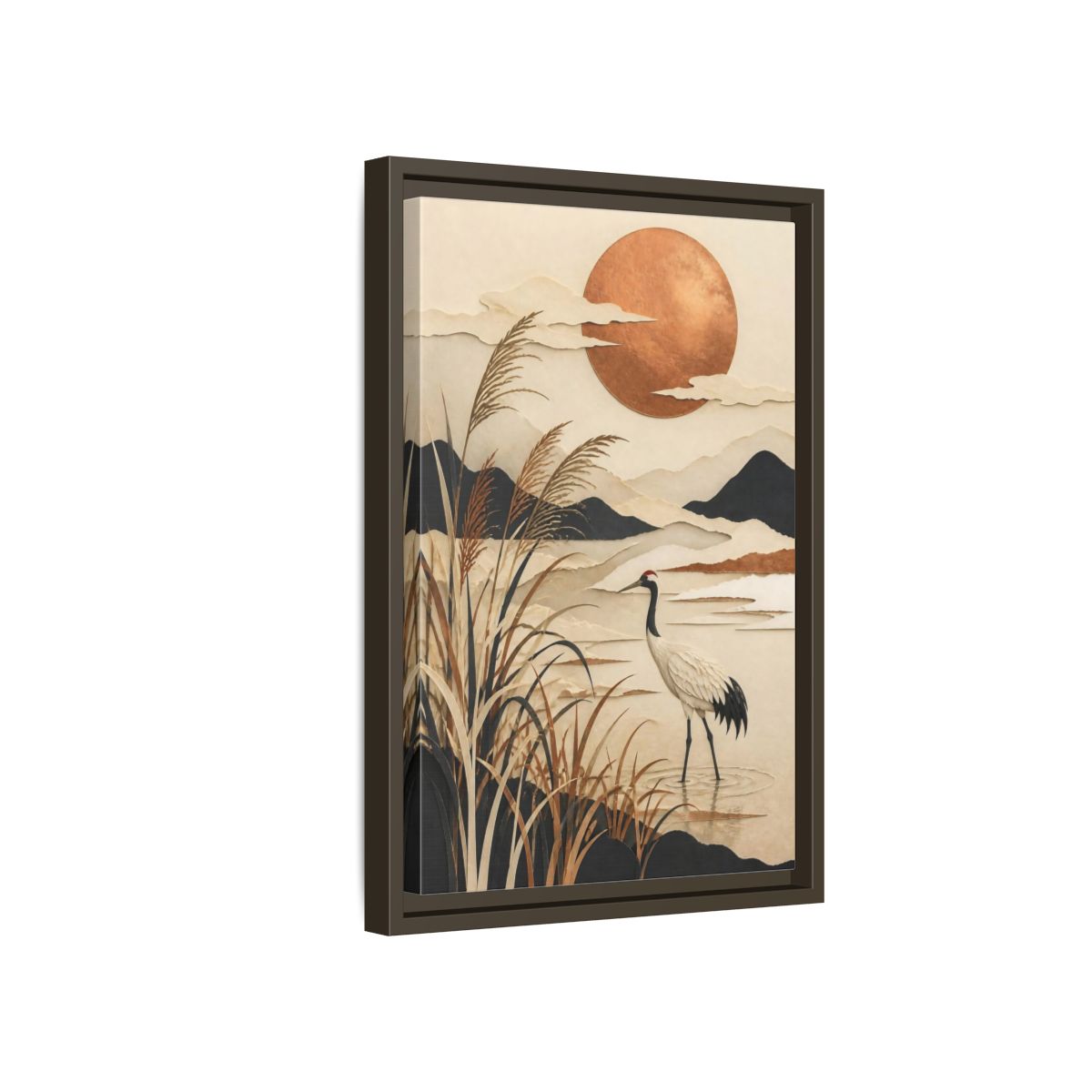 Side Mockup 5. Japanese Crane At Copper Moon shown as framed canvas print