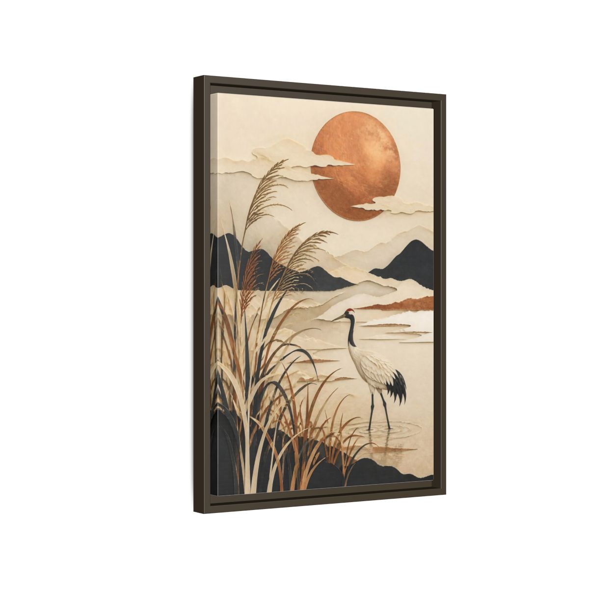 Side Mockup 2. Japanese Crane At Copper Moon shown as framed canvas print
