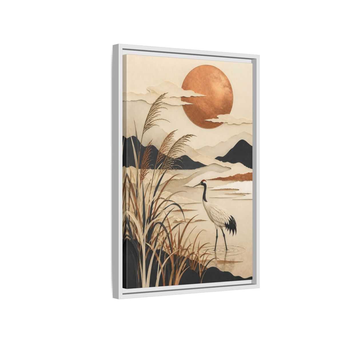 Side Mockup 1. Japanese Crane At Copper Moon shown as framed canvas print
