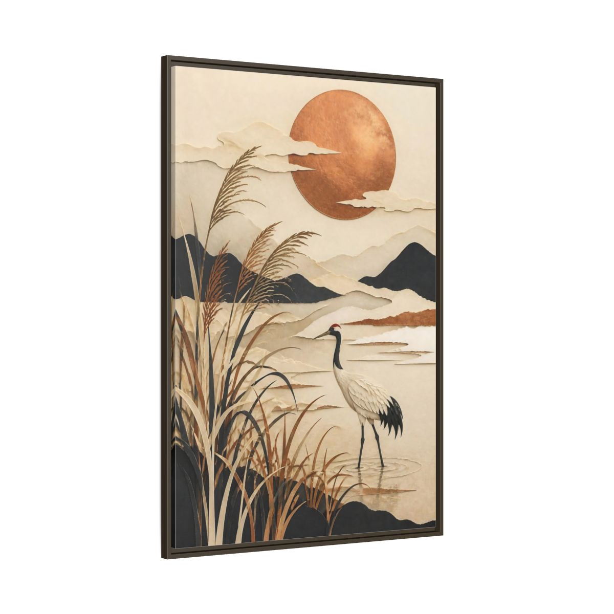 Side Mockup 8. Japanese Crane At Copper Moon shown as framed canvas print