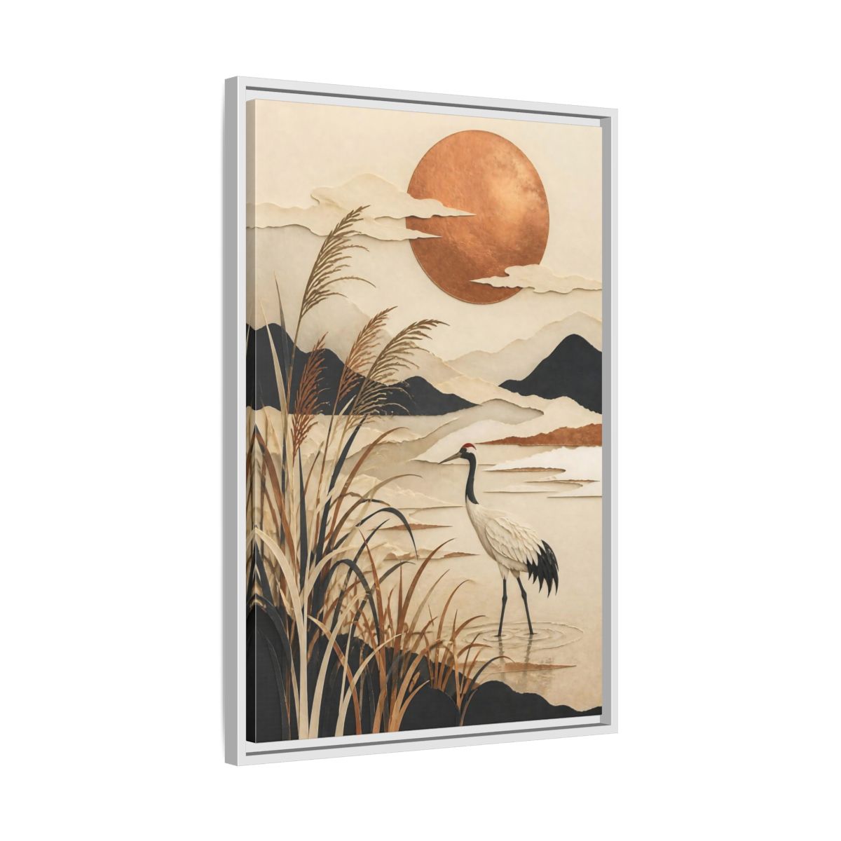 Side Mockup 10. Japanese Crane At Copper Moon shown as framed canvas print