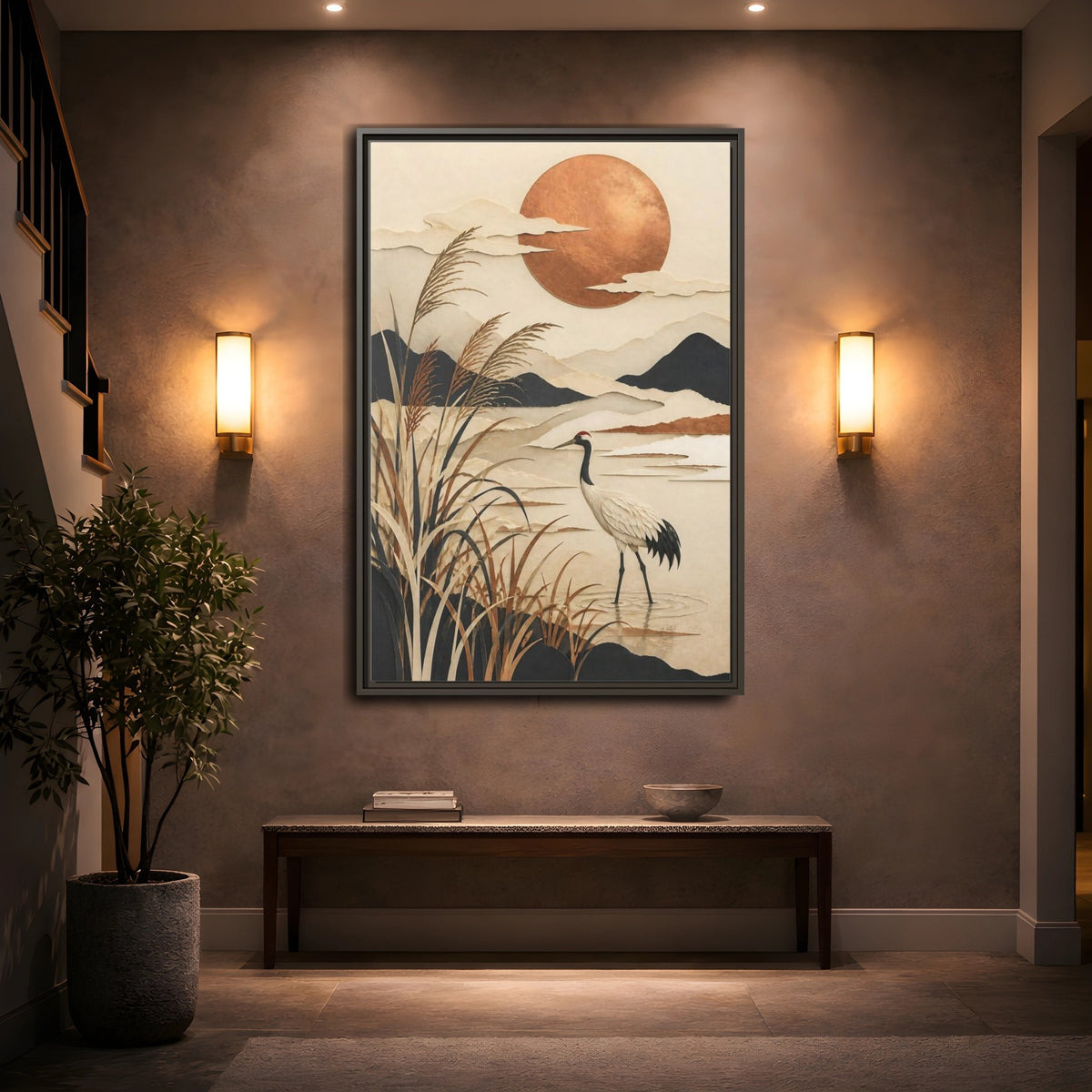 Mockup 2. Japanese Crane At Copper Moon shown as framed canvas print