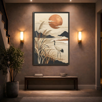 Mockup 2. Japanese Crane At Copper Moon shown as framed canvas print